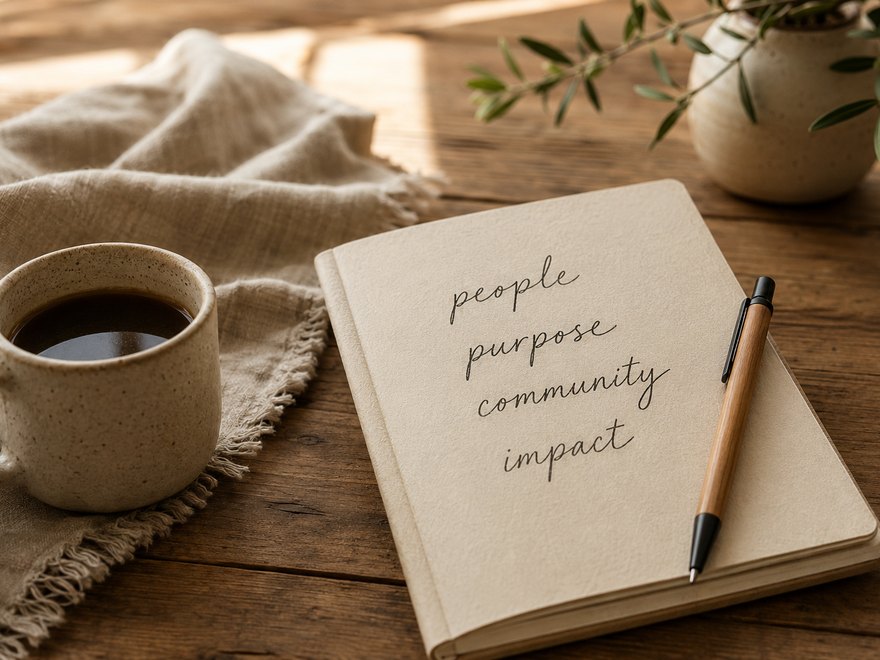 A notebook reading people, purpose, community, impact beside a cup of coffee