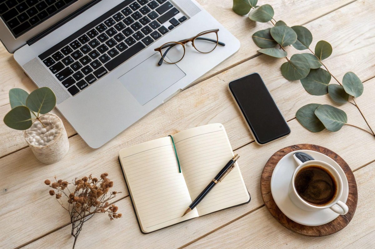 A calm workspace with a laptop, open notebook, coffee, and eucalyptus