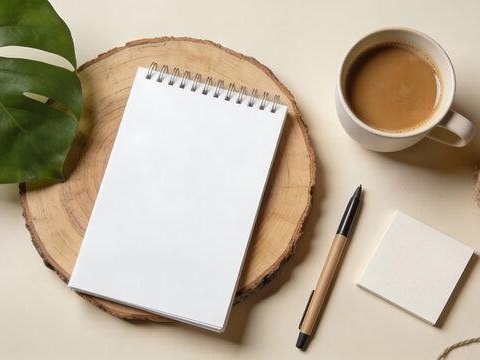 A notebook, coffee, and greenery on a calm desk